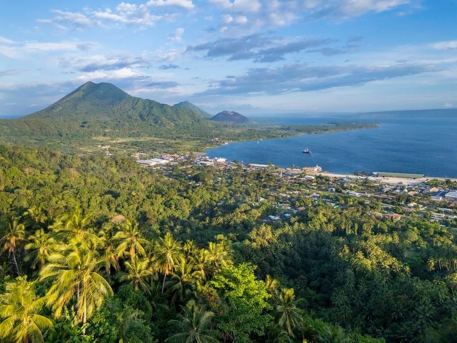 Aerial view of Rabaul and its volcanoes